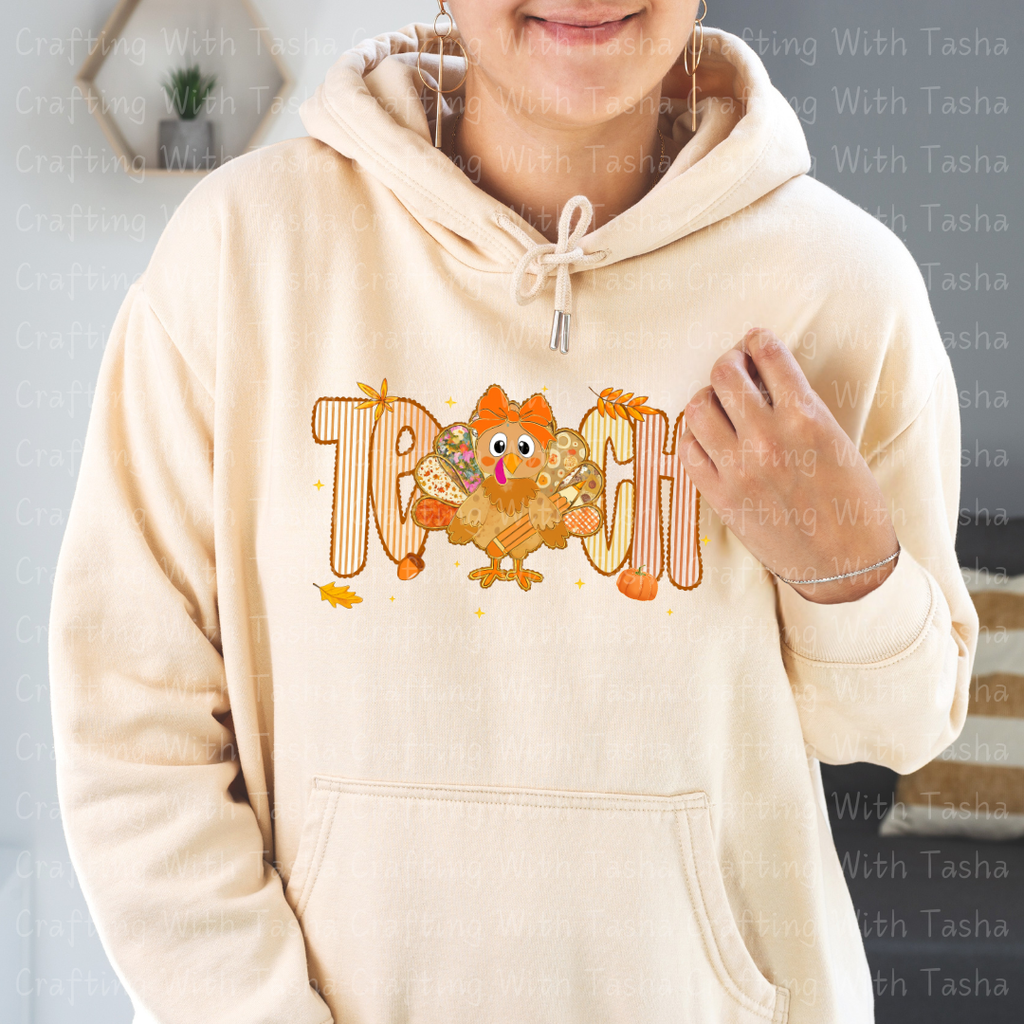Teach Turkey Fall Design – Customizable DTF Transfer, T-Shirt, Crew Neck, Hoodie, or Cup Transfer