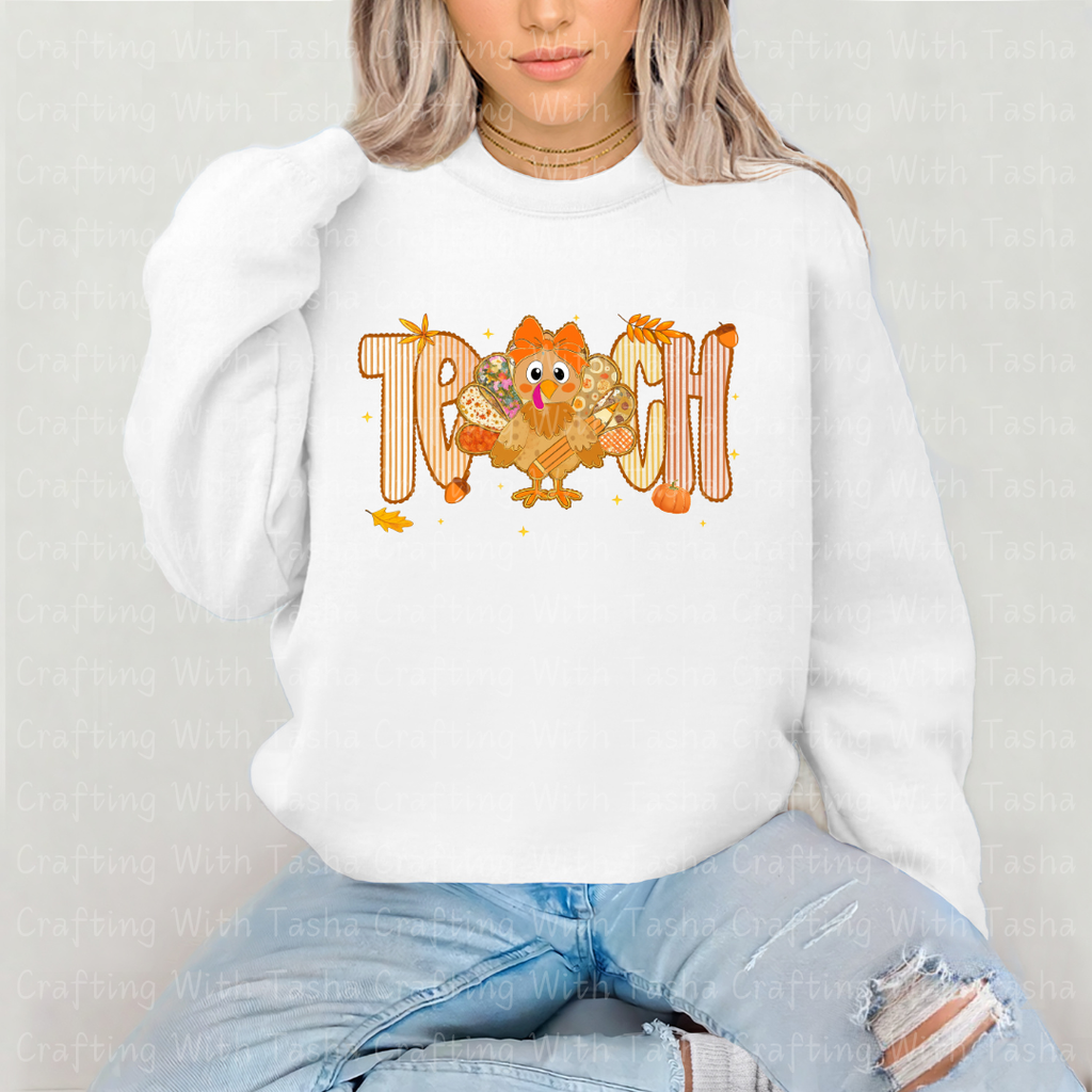 Teach Turkey Fall Design – Customizable DTF Transfer, T-Shirt, Crew Neck, Hoodie, or Cup Transfer