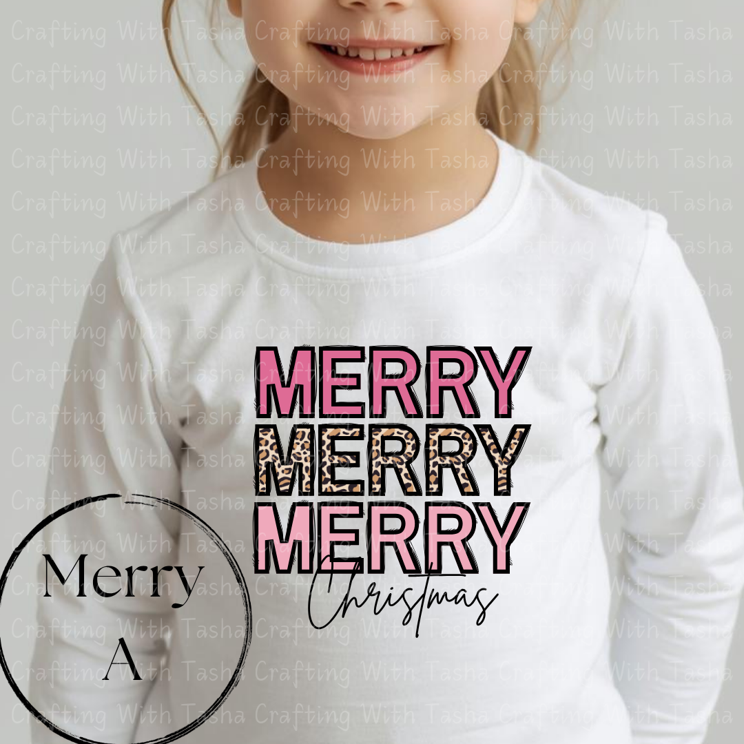 Merry Merry Merry Christmas Pink & Leopard Print Design – Customizable DTF Transfer, T-Shirt, Crew Neck, Hoodie, or Cup Transfer