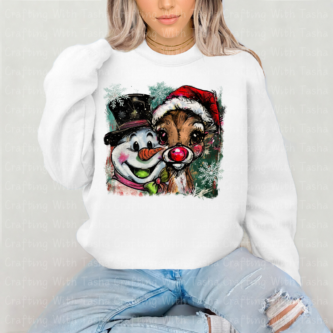 Vintage Frosty and Rudolph Christmas Design – Customizable DTF Transfer, T-Shirt, Crew Neck, Hoodie, or Cup Transfer
