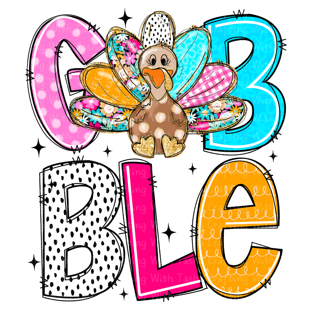 Colorful Patchwork Gobble Turkey Design – Customizable DTF Transfer, T-Shirt, Crew Neck, Hoodie, or Cup Transfer