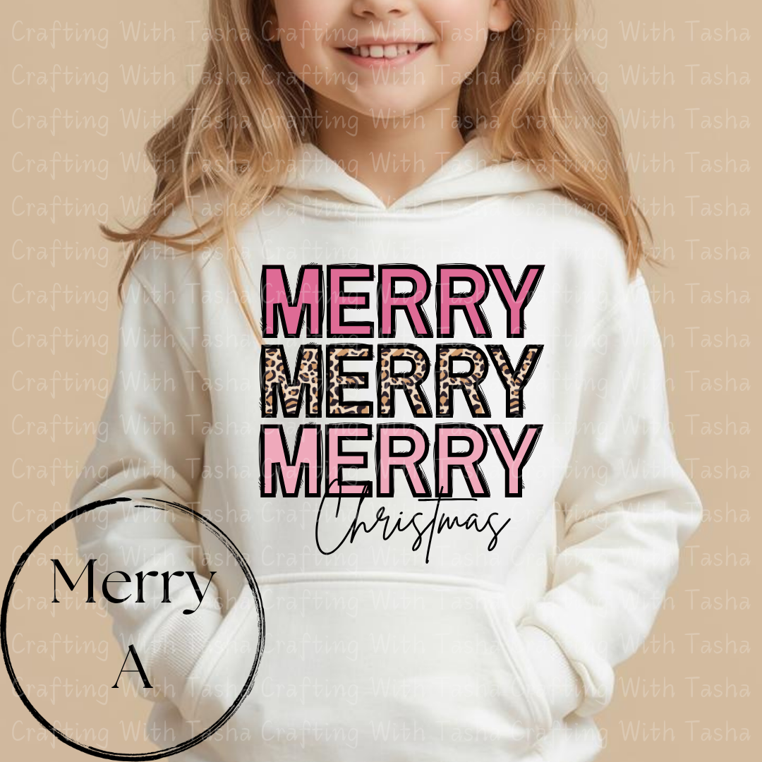 Merry Merry Merry Christmas Pink & Leopard Print Design – Customizable DTF Transfer, T-Shirt, Crew Neck, Hoodie, or Cup Transfer