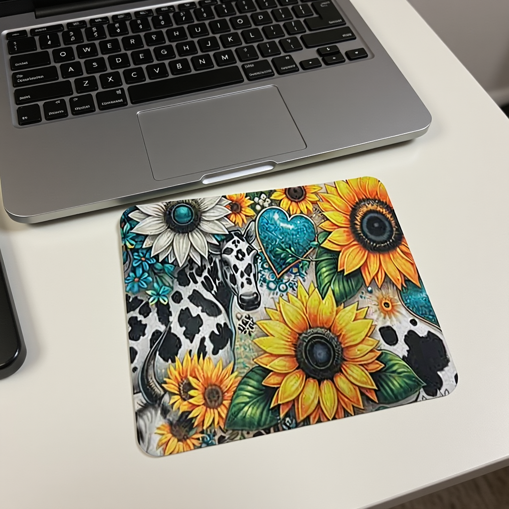 Laptop with a colorful mouse pad featuring a giraffe and sunflowers on a white surface.