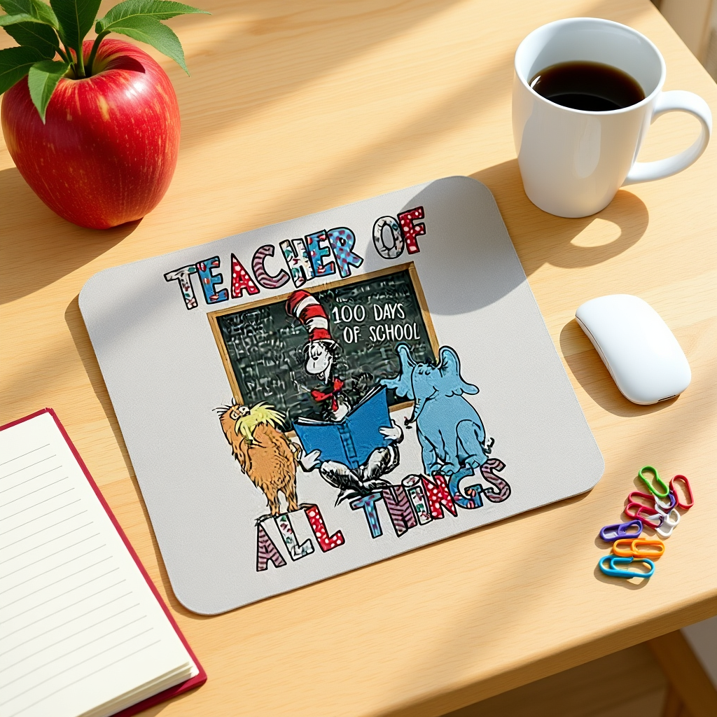 Mouse pad with Dr. Seuss design featuring a cat in the hat, elephant, and monkey on a desk with a mug, apple, and notebook.