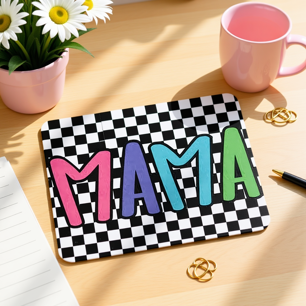 Checkered mouse pad with colorful 'MAMA' text on a wooden desk with flowers and a mug.