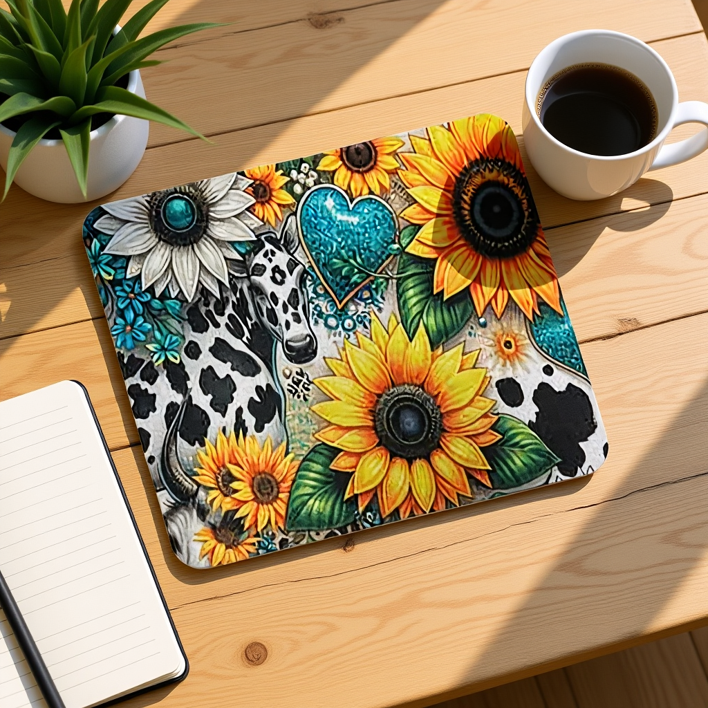Horse & Sunflower Mouse Pad – Rustic Farmhouse Desk Mat with Turquoise Heart Accents, Country Western Office Decor Gift