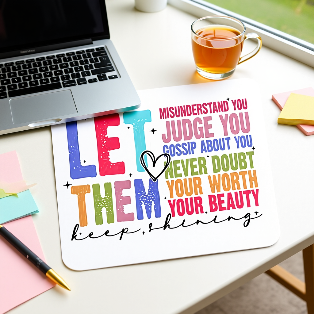 Motivational poster on a desk with laptop, tea, and stationery