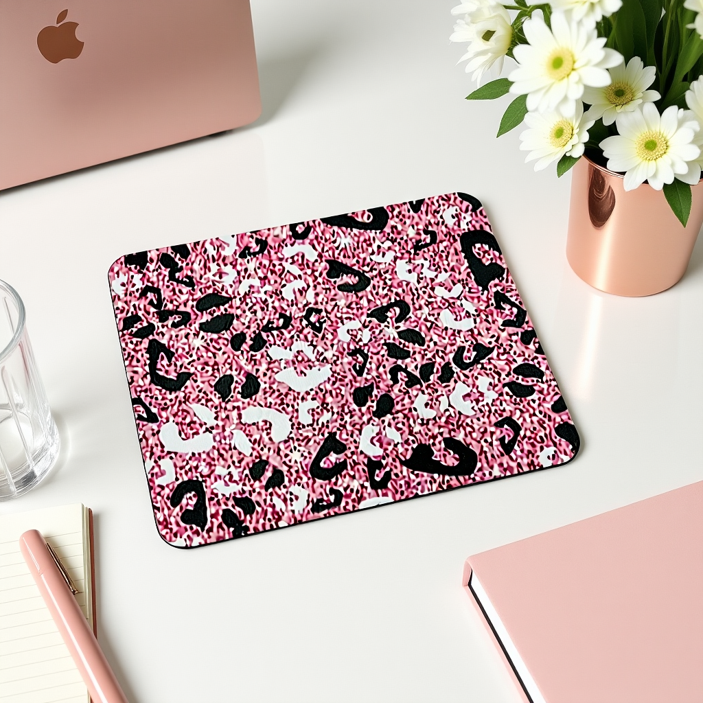 Pink and black patterned mouse pad on a desk with a laptop, flowers, and glasses.