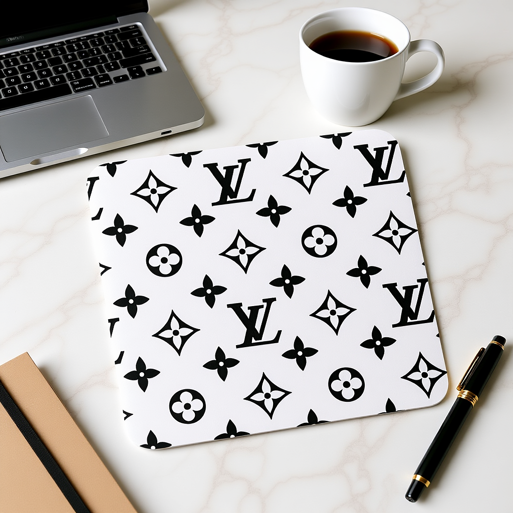 Louis Vuitton patterned mouse pad on a desk with a laptop, cup of coffee, and pen.
