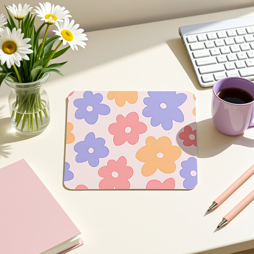 Floral-patterned notebook on a desk with flowers, coffee, and stationery.