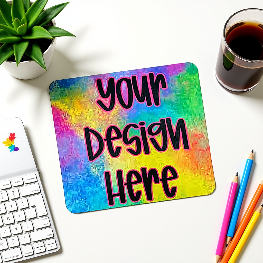 Custom rainbow tie-dye mouse pad with “Your Design Here” text on a colorful creative workspace with laptop, pens, and iced coffee in natural light.