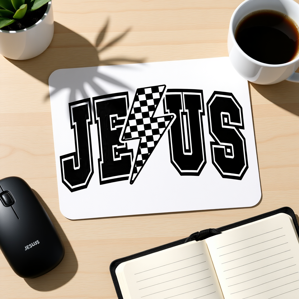 Desk setup with a mouse, notebook, and coffee cup featuring a 'Jesus' mat with a checkered design.