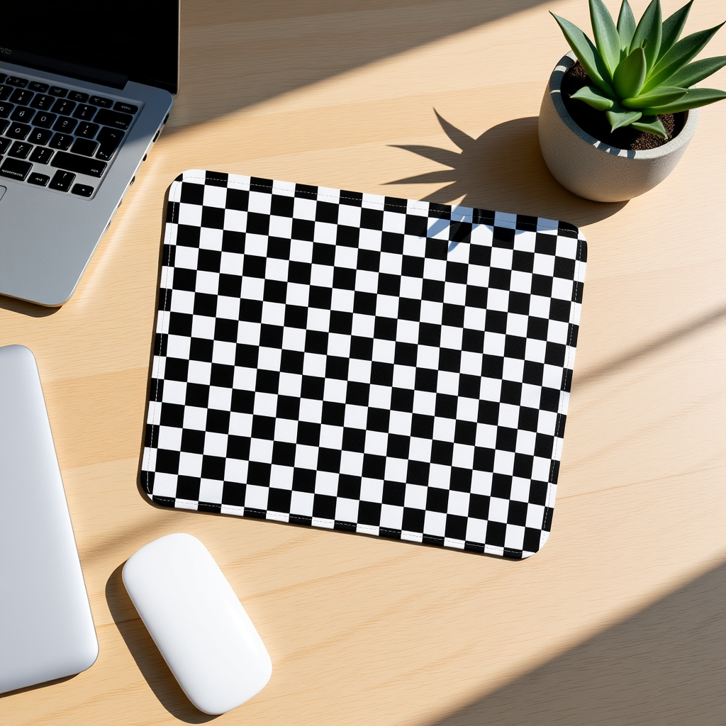 Black and white checkerboard mouse pad on a light wooden desk with a laptop, white mouse, and small succulent in natural daylight.