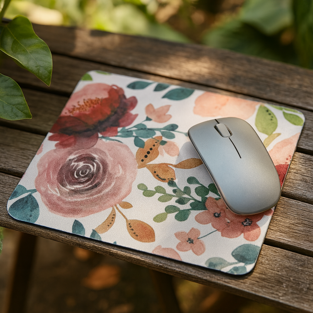 Floral watercolor mouse pad with blush and green garden design. Smooth, non-slip, and perfect for office, home, or teacher gifts.