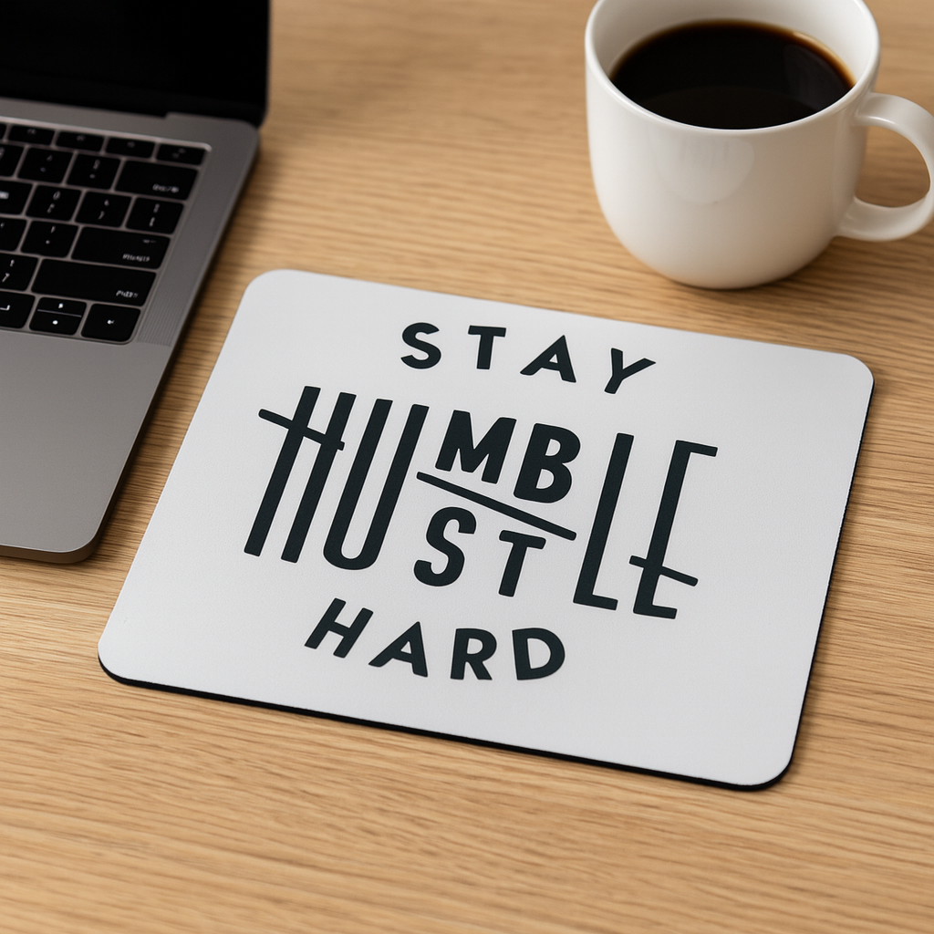 Modern minimalist mouse pad with “Stay Humble Hustle Hard” quote beside a laptop and coffee mug on a clean wooden desk.