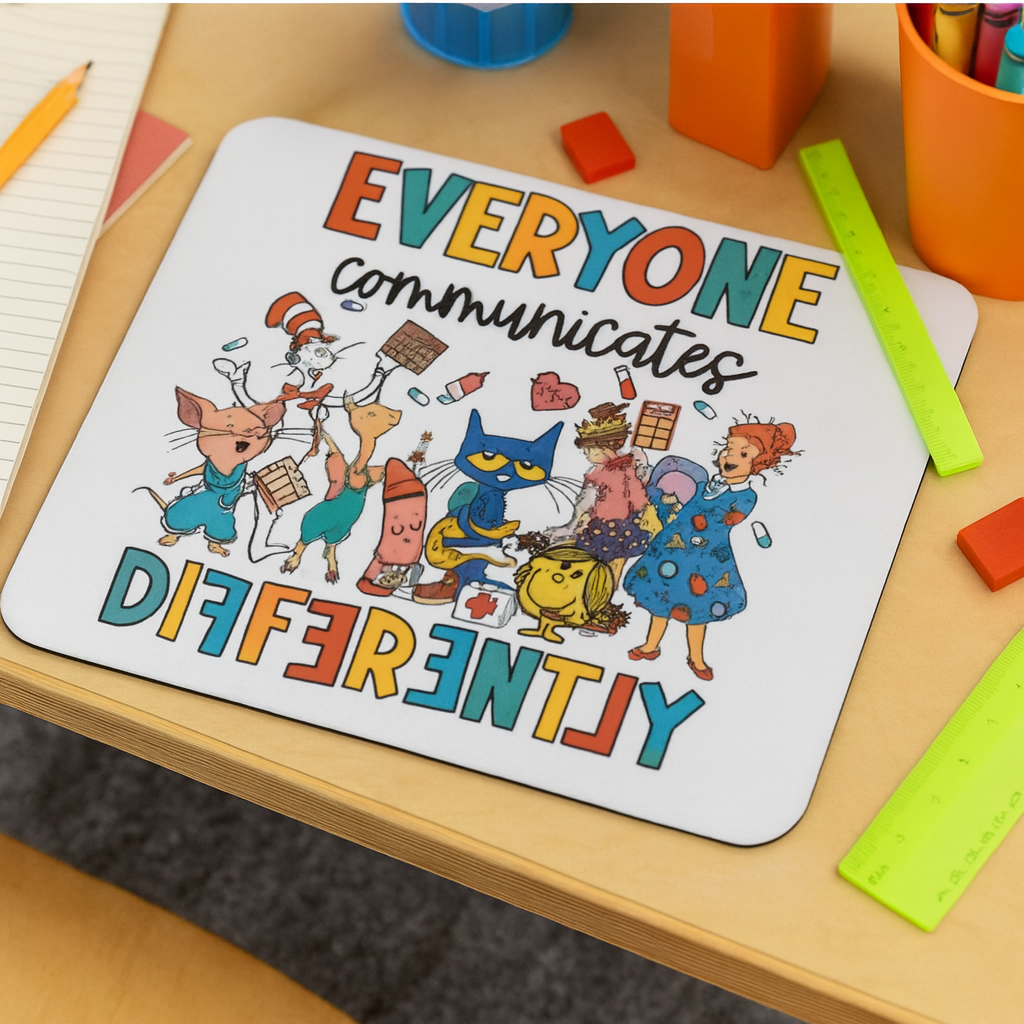 Colorful mouse pad with “Everyone Communicates Differently” quote surrounded by crayons, ruler, and school supplies on a light wooden desk.