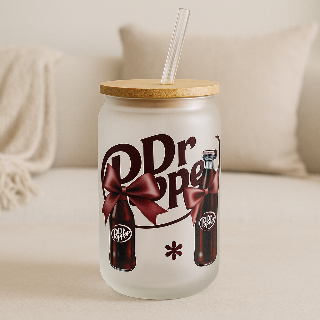 Dr Pepper-Inspired Frosted Glass Sipper Cup with Bamboo Lid – Retro Soda Lover Gift