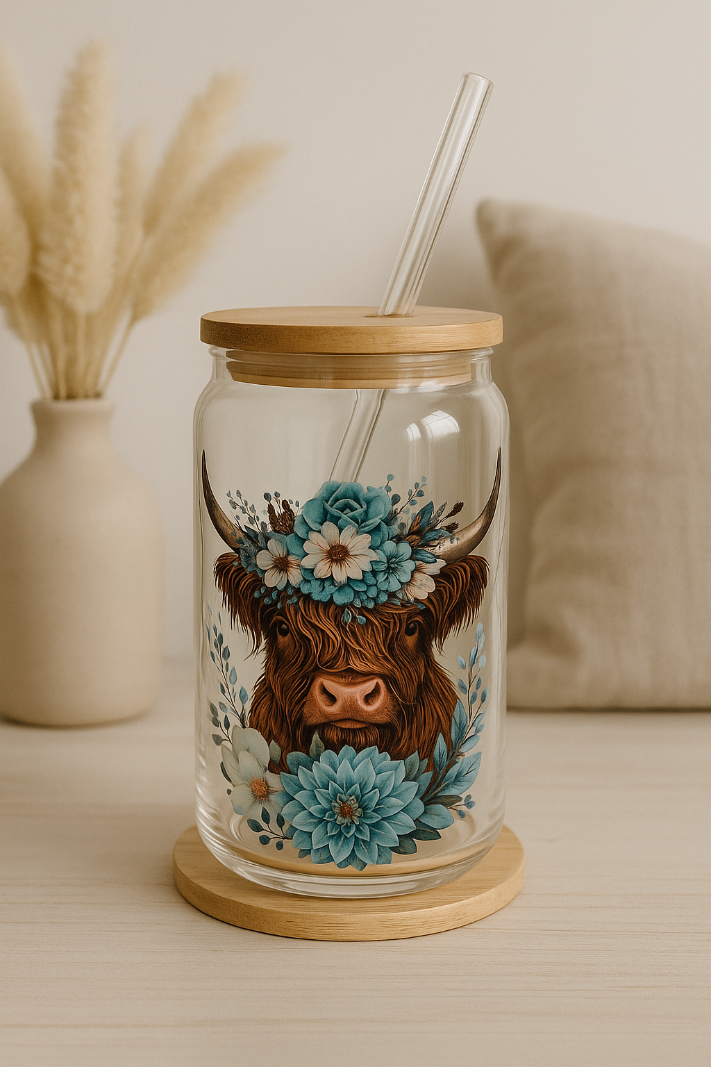 Glass jar with a decorative cow illustration and floral elements on a wooden base.