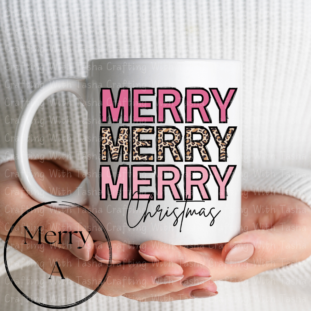 Merry Merry Merry Christmas Pink & Leopard Print Design – Customizable DTF Transfer, T-Shirt, Crew Neck, Hoodie, or Cup Transfer