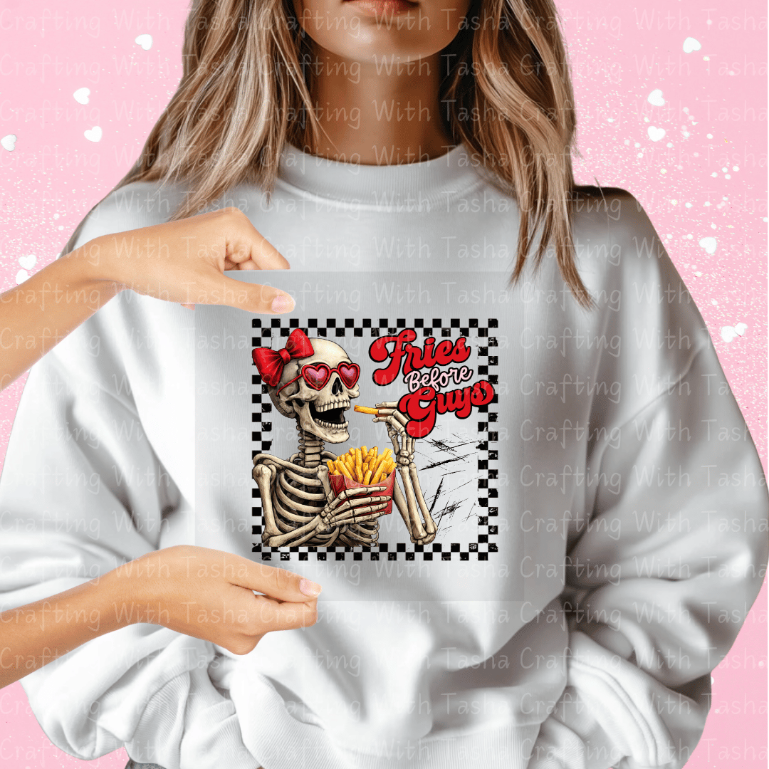 Fries Before Guys Valentine DTF Transfer – Skeleton Valentine Design for Shirts & Cups