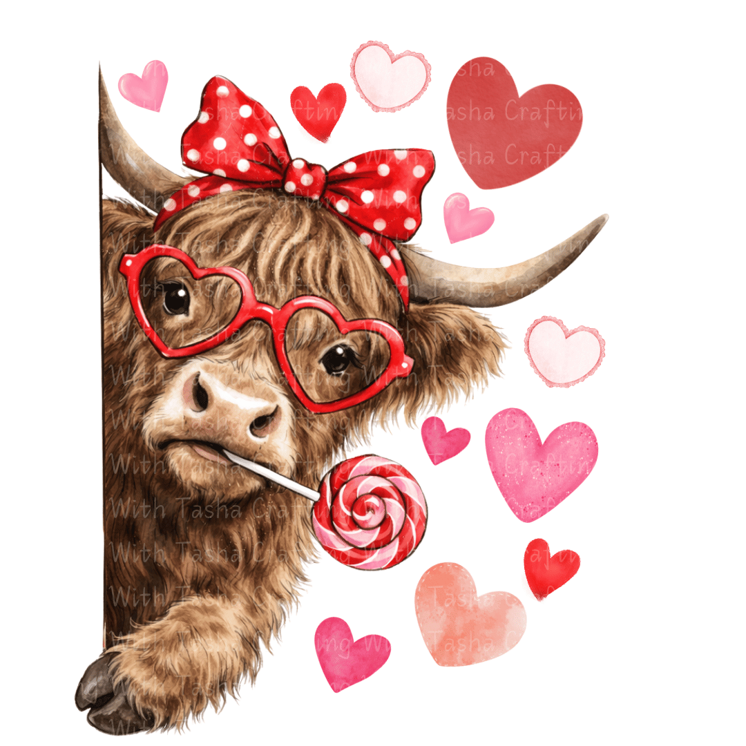 Valentine Highland Cow DTF Transfer – Cute Cow Artwork for Shirts & Cups (Variation 2)