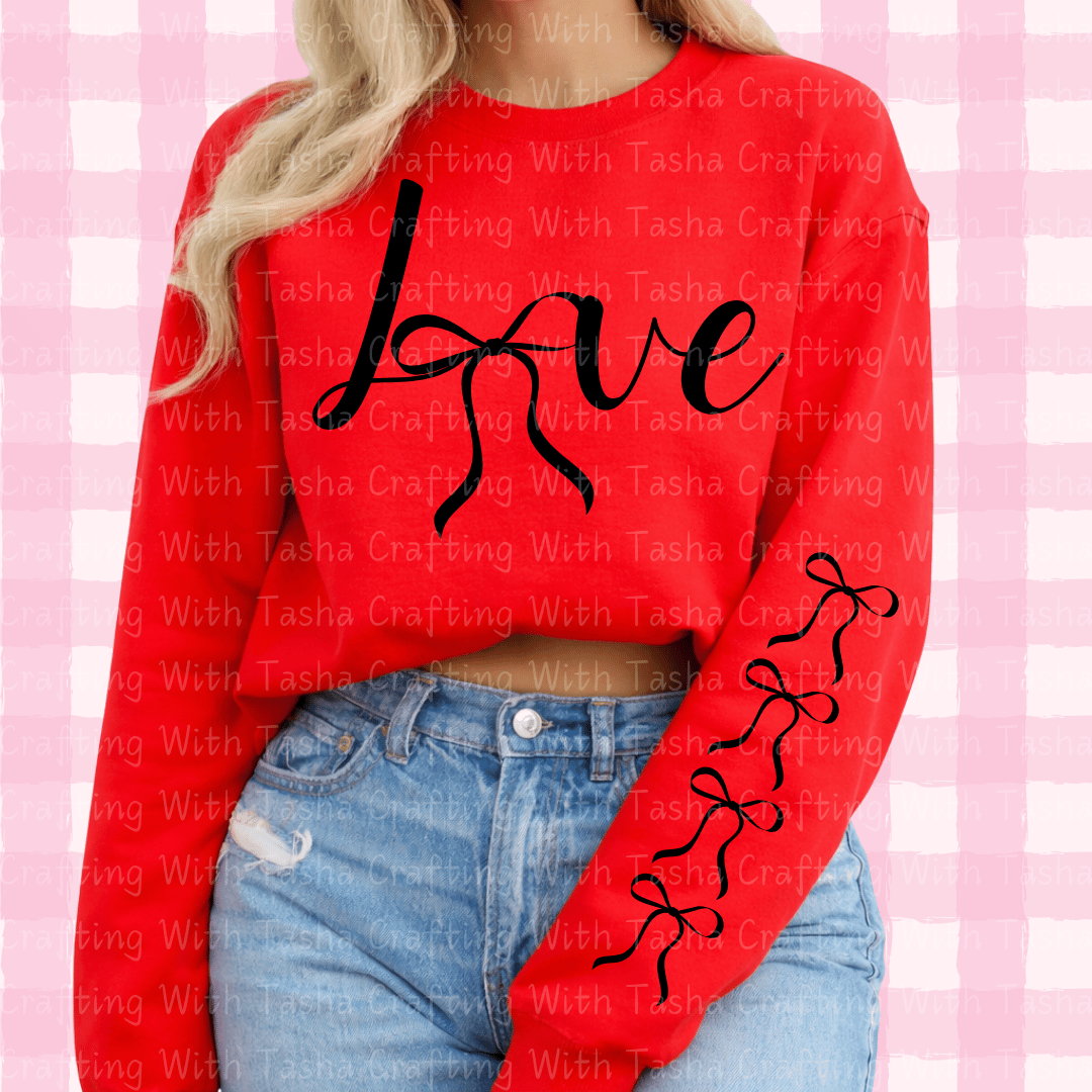 LOVE Bow Valentine DTF Transfer – Minimal Script Design with Sleeve Bows