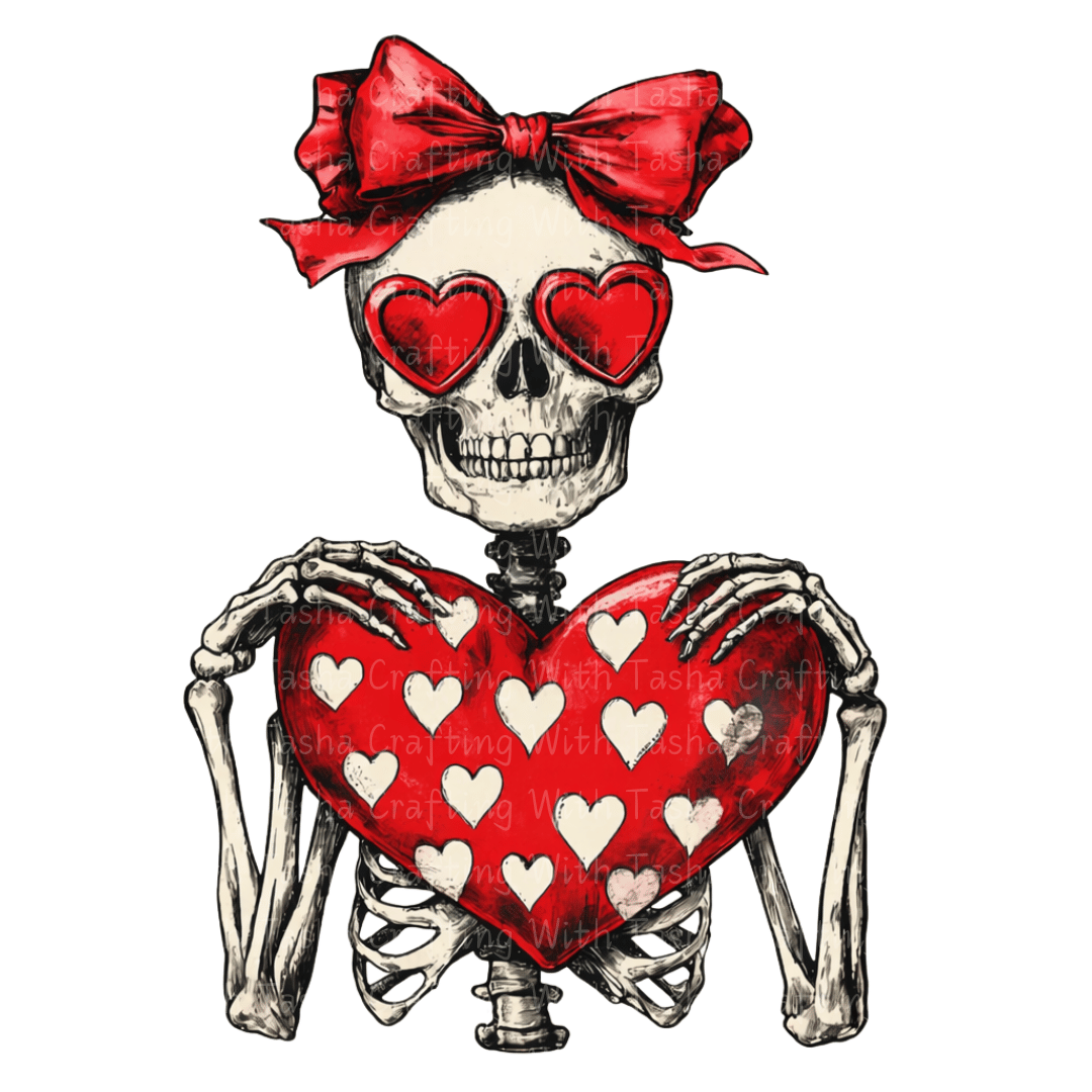 Skeleton Valentine DTF Transfer – Heart Skeleton Design for Shirts & Cups