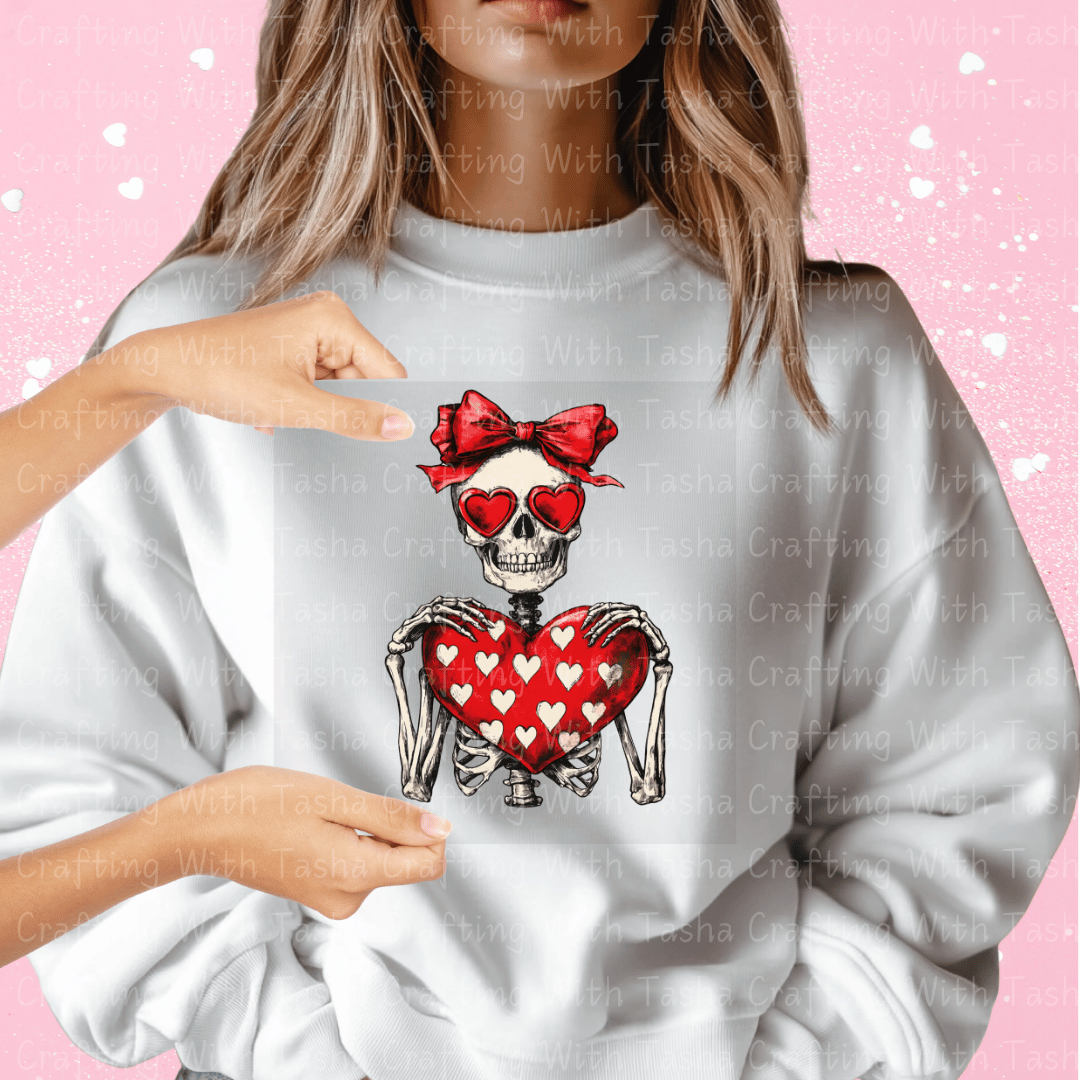 Skeleton Valentine DTF Transfer – Heart Skeleton Design for Shirts & Cups