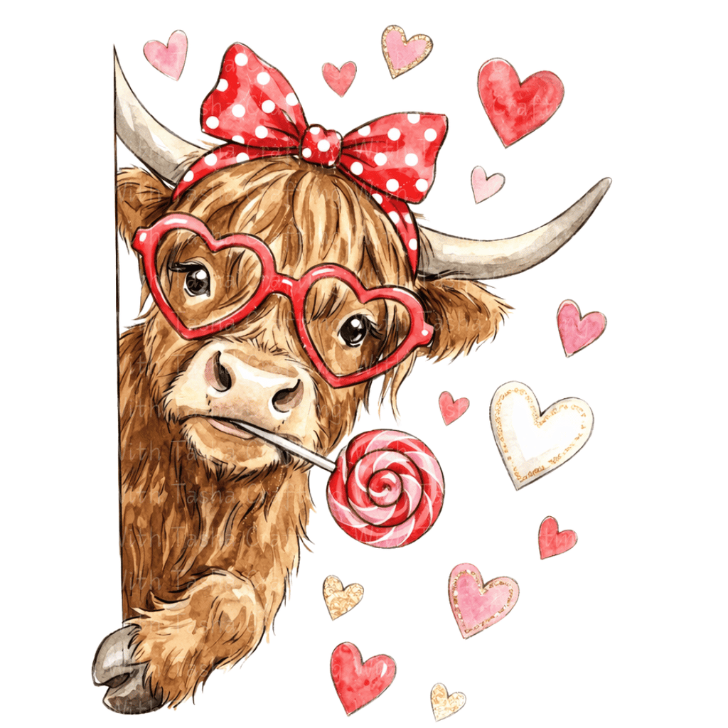Valentine Highland Cow DTF Transfer – Cute Cow Artwork for Shirts & Cups (Variation 1)