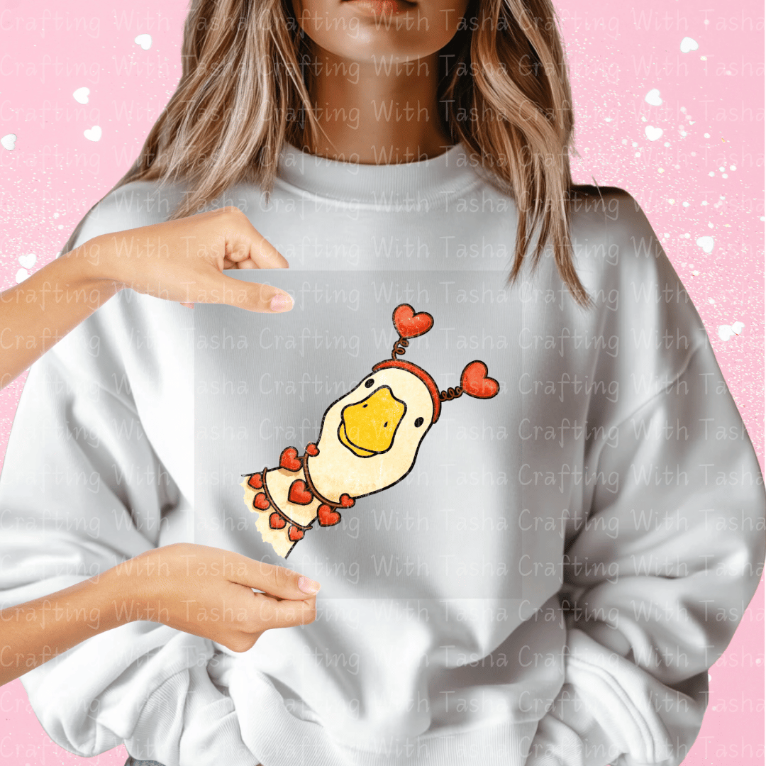 Valentine Duck DTF Transfer – Cute Heart Duck Artwork for Shirts & Cups